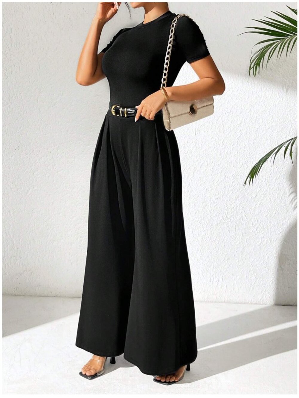 Petite Black Short Sleeve Wide Leg Jumpsuit Pockets Size Large - Picture 2 of 7